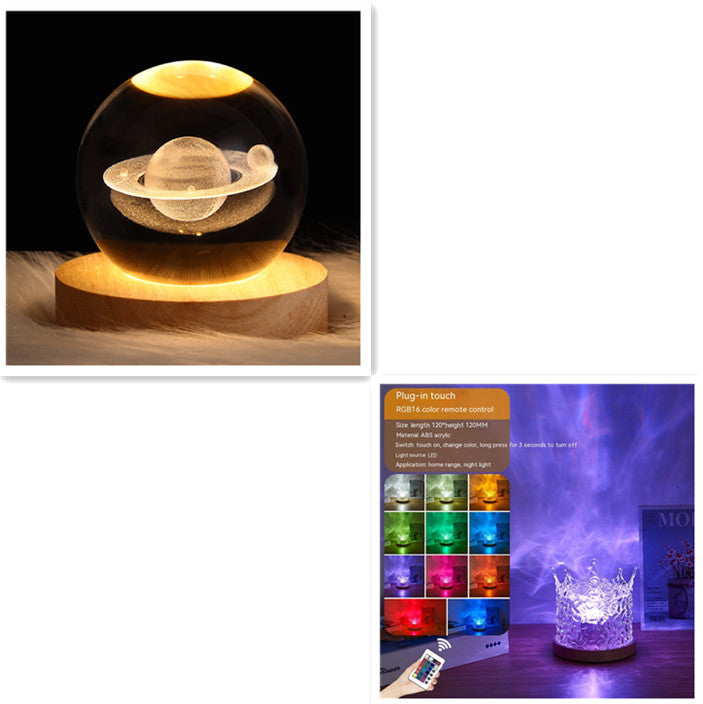 LED Water Ripple Ambient Night Light USB Rotating Projection Crystal Table Lamp RGB Dimmable Home Decoration
