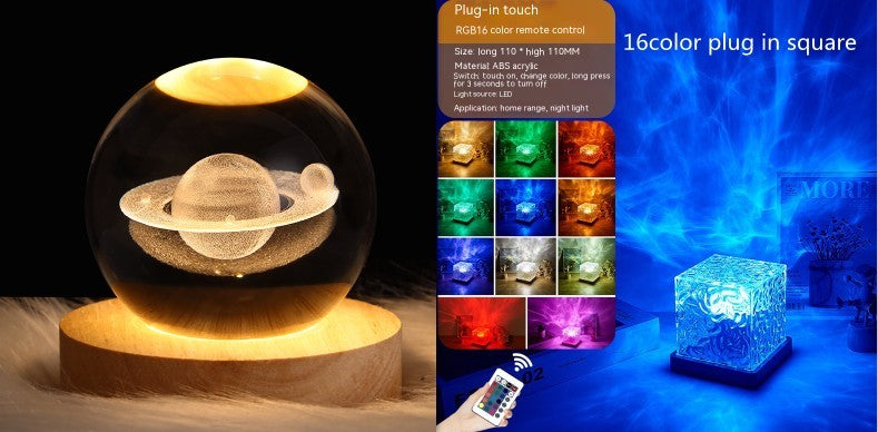 LED Water Ripple Ambient Night Light USB Rotating Projection Crystal Table Lamp RGB Dimmable Home Decoration