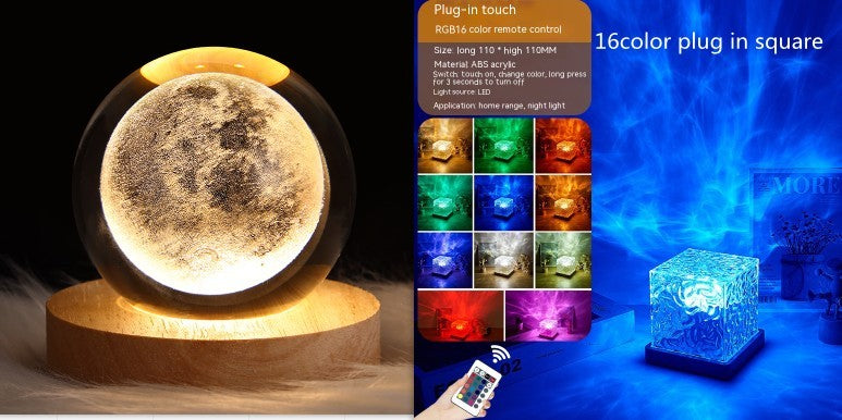 LED Water Ripple Ambient Night Light USB Rotating Projection Crystal Table Lamp RGB Dimmable Home Decoration