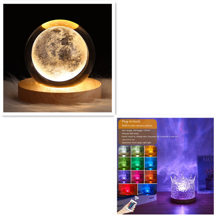 LED Water Ripple Ambient Night Light USB Rotating Projection Crystal Table Lamp RGB Dimmable Home Decoration