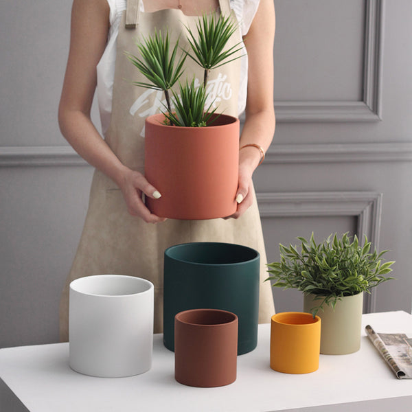 Nordic Industrial Style Colorful Ceramic Flowerpot - Succulent Planter Green Plants - Cylindrical Shape Flower Pot With Hole Tray